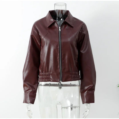 Vintage Wine Red Loose Short Leather Jacket Women Fashion Lapel Long Sleeves Zipper Cropped Coat 2025 Autumn Lady Street Outwear