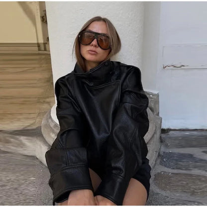 2026 Spring Women's Faux Leather Jacket Brown Black Long Sleeve Stand Collar Thick Loose Lady Coat Fashion Motorcycle Streetwear