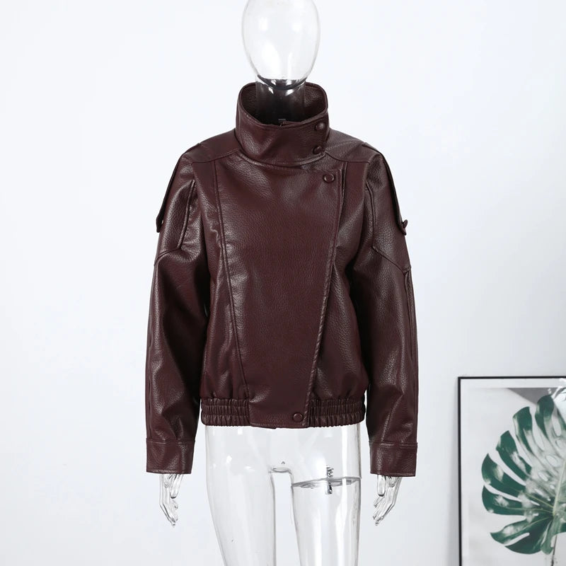 2026 Spring Women's Faux Leather Jacket Brown Black Long Sleeve Stand Collar Thick Loose Lady Coat Fashion Motorcycle Streetwear