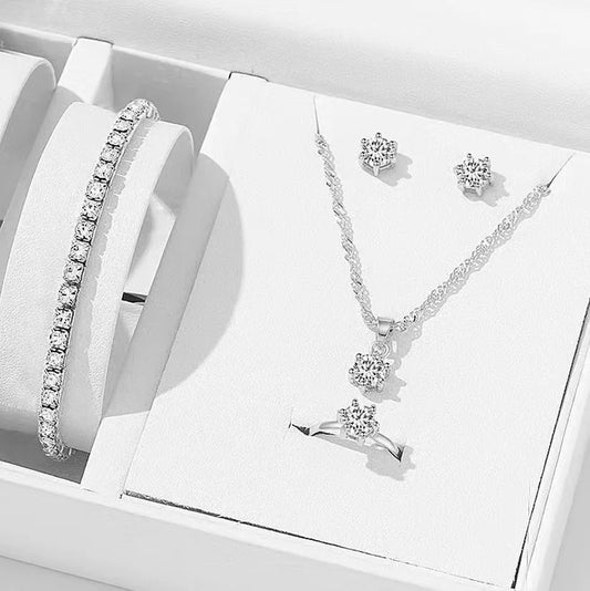 5Pcs Elegant Crystal Jewelry Set Zirconia Ring Necklace Bracelet Earrings Simple Set Jewelry Fashion Versatile Trendy Jewelry