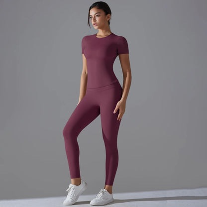 Yoga Set Women Workout Set Sportswear Gym Clothing Fitness Shorts Sleeve Crop Top High Waist Leggings Sports Suits