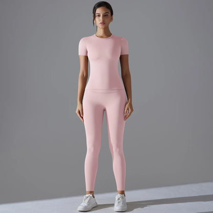 Yoga Set Women Workout Set Sportswear Gym Clothing Fitness Shorts Sleeve Crop Top High Waist Leggings Sports Suits