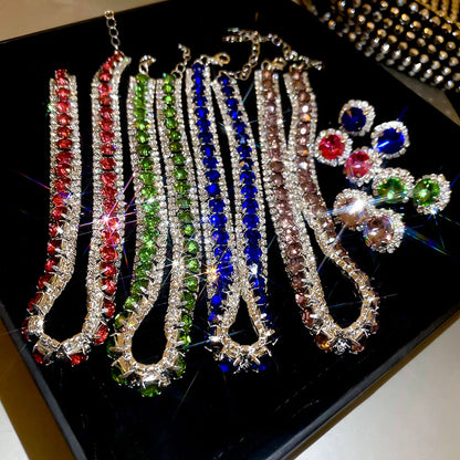 FYUAN Luxury Crystal Necklace Earrings Green Rose pink Blue Necklace for Women Weddings Party Jewelry Sets Accessories