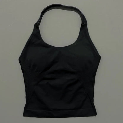 HISTELLO Impacts Halter Top Seamless Longline Strappy Gym Top Women Built-in Bra Removable Cups Activewear Yoga Tank Tops