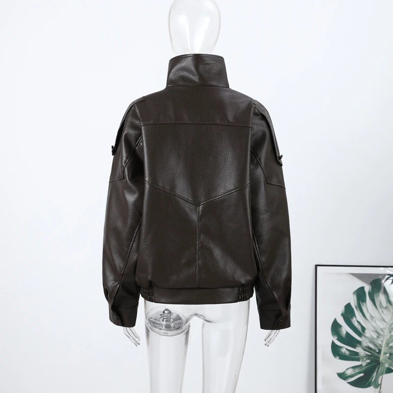 2026 Spring Women's Faux Leather Jacket Brown Black Long Sleeve Stand Collar Thick Loose Lady Coat Fashion Motorcycle Streetwear