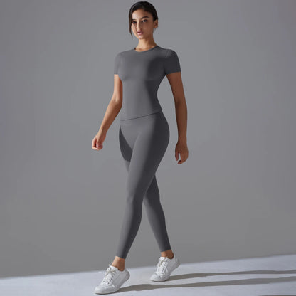 Yoga Set Women Workout Set Sportswear Gym Clothing Fitness Shorts Sleeve Crop Top High Waist Leggings Sports Suits