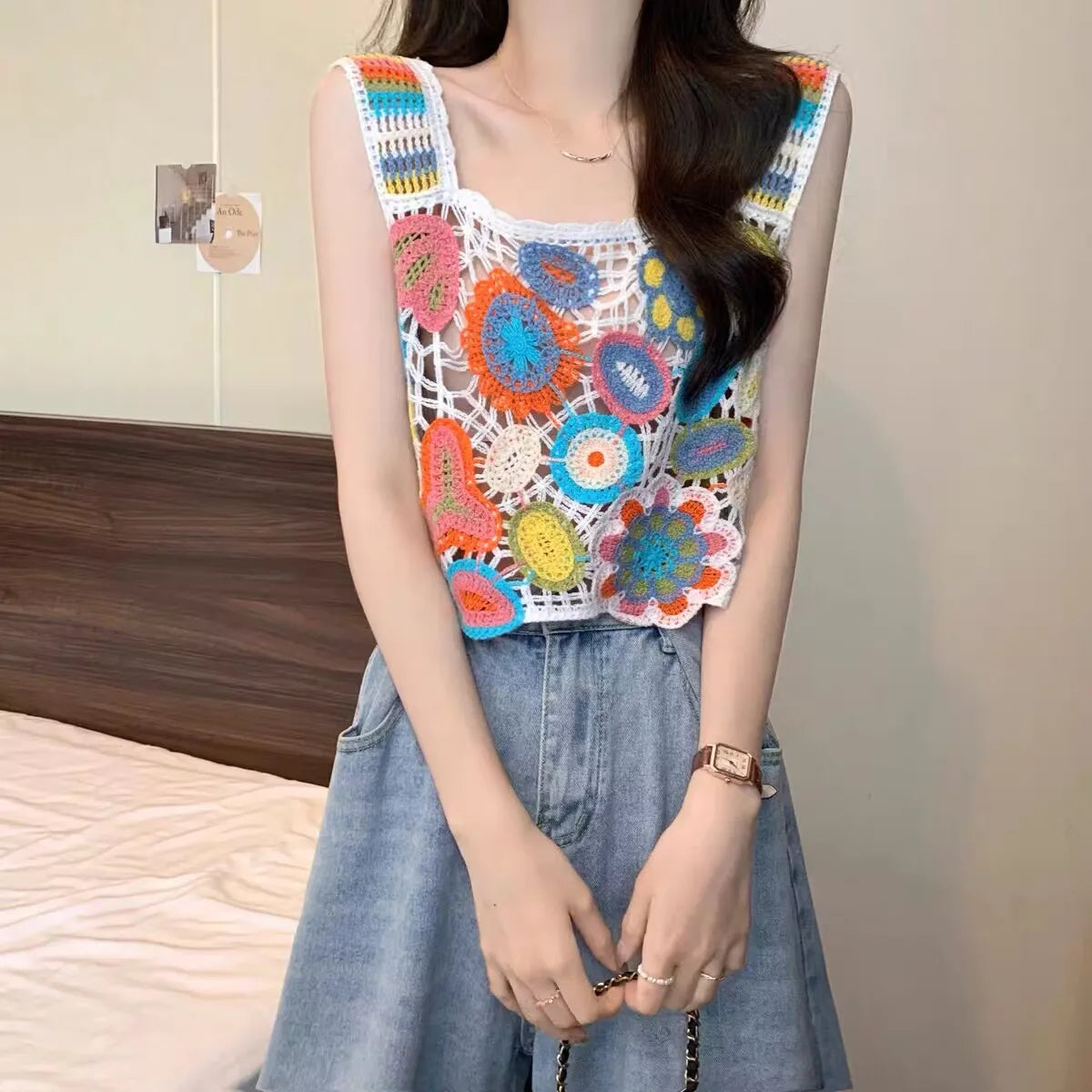 Bohemian Tank Tops Women Knitted Retro Crochet Design Colorful Short Vacation Strap Vest 2024 New Neck Hanging Outwear Tanks