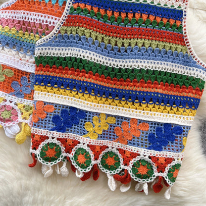 Bohemian Tank Tops Women Knitted Retro Crochet Design Colorful Short Vacation Strap Vest 2024 New Neck Hanging Outwear Tanks