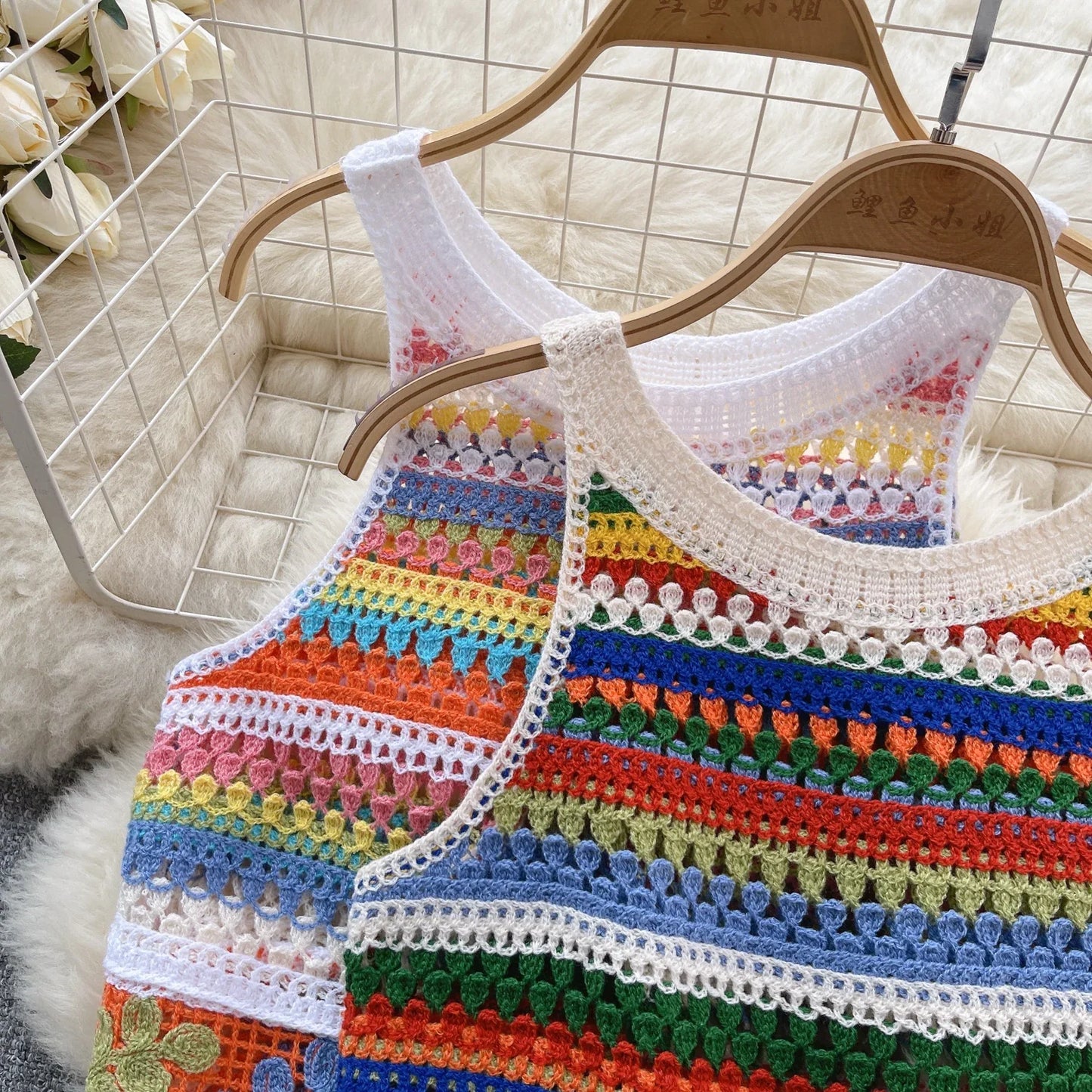 Bohemian Tank Tops Women Knitted Retro Crochet Design Colorful Short Vacation Strap Vest 2024 New Neck Hanging Outwear Tanks