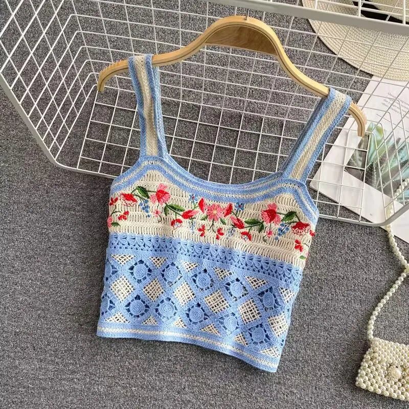 Bohemian Tank Tops Women Knitted Retro Crochet Design Colorful Short Vacation Strap Vest 2024 New Neck Hanging Outwear Tanks