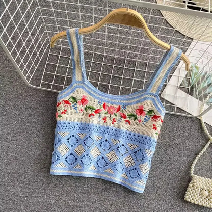 Bohemian Tank Tops Women Knitted Retro Crochet Design Colorful Short Vacation Strap Vest 2024 New Neck Hanging Outwear Tanks