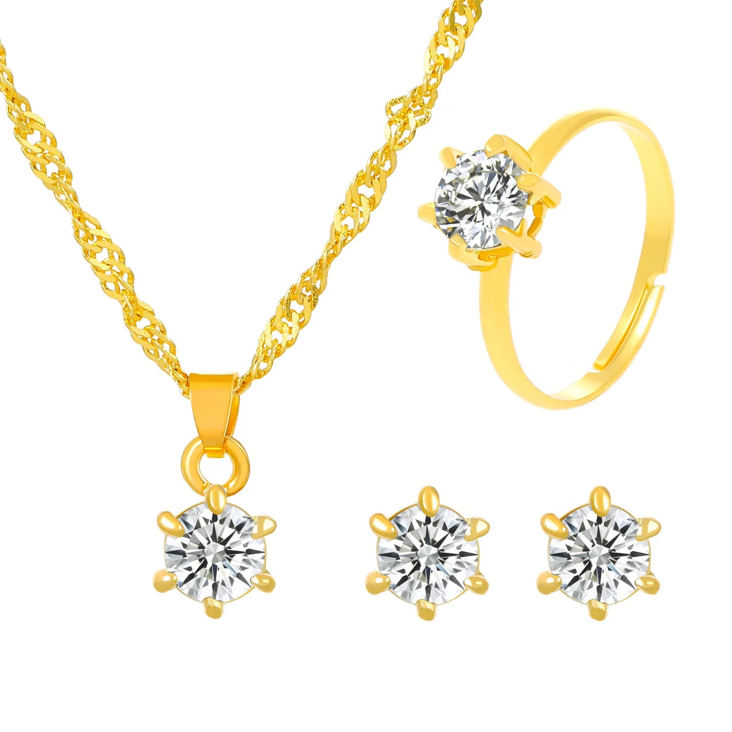 5Pcs Elegant Crystal Jewelry Set Zirconia Ring Necklace Bracelet Earrings Simple Set Jewelry Fashion Versatile Trendy Jewelry
