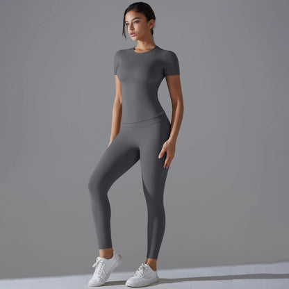 Yoga Set Women Workout Set Sportswear Gym Clothing Fitness Shorts Sleeve Crop Top High Waist Leggings Sports Suits