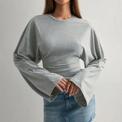 Women's Long Sleeve O-Neck Skinny T-Shirt Monochromatic Crop Top Casual Y2K Streetwear Fashion Pullover Summer Outfit