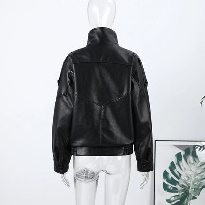 2026 Spring Women's Faux Leather Jacket Brown Black Long Sleeve Stand Collar Thick Loose Lady Coat Fashion Motorcycle Streetwear