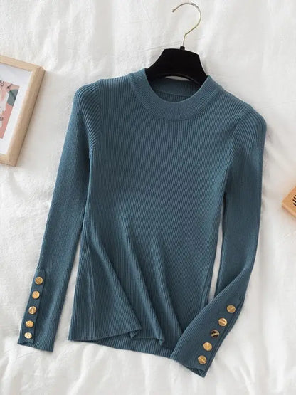 2026 women thick sweater pullovers khaki casual autumn winter button o-neck chic sweater female slim knit top soft jumper tops