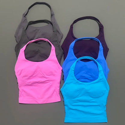 HISTELLO Impacts Halter Top Seamless Longline Strappy Gym Top Women Built-in Bra Removable Cups Activewear Yoga Tank Tops