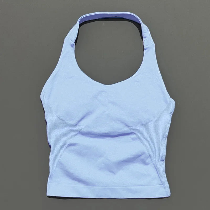 HISTELLO Impacts Halter Top Seamless Longline Strappy Gym Top Women Built-in Bra Removable Cups Activewear Yoga Tank Tops