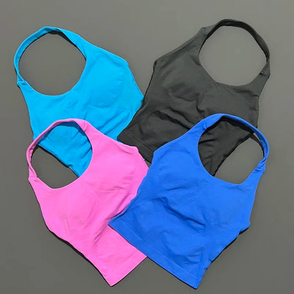 HISTELLO Impacts Halter Top Seamless Longline Strappy Gym Top Women Built-in Bra Removable Cups Activewear Yoga Tank Tops