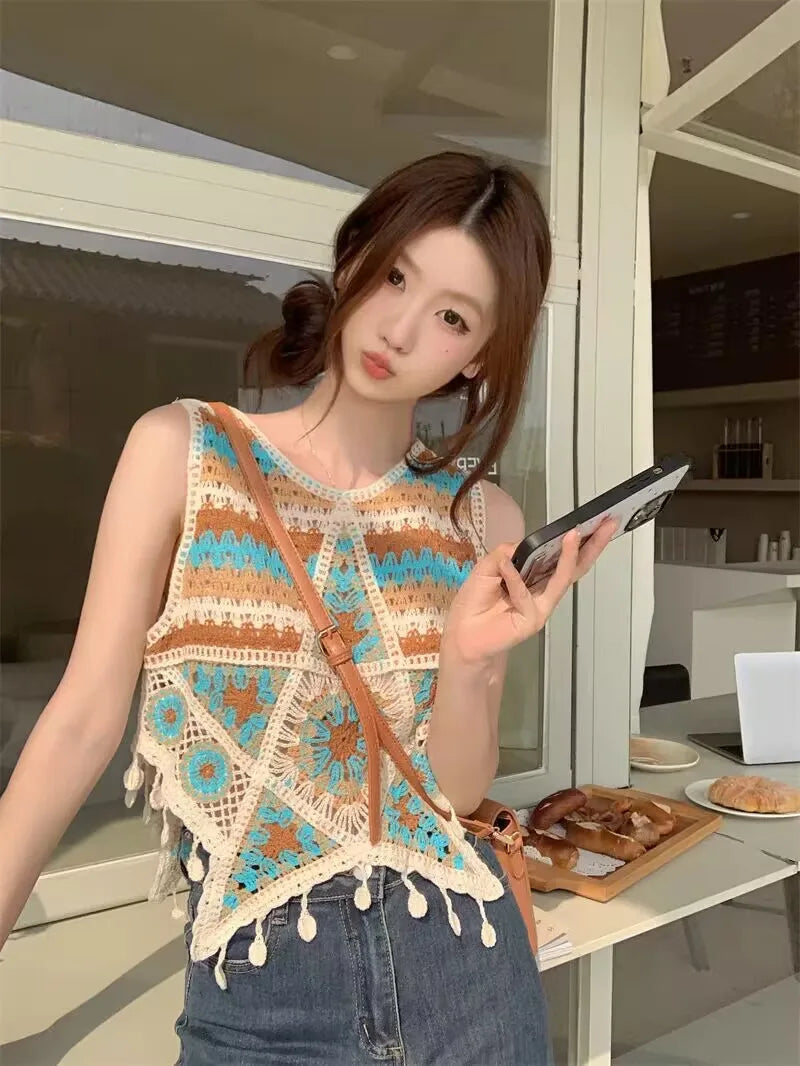 Bohemian Tank Tops Women Knitted Retro Crochet Design Colorful Short Vacation Strap Vest 2024 New Neck Hanging Outwear Tanks