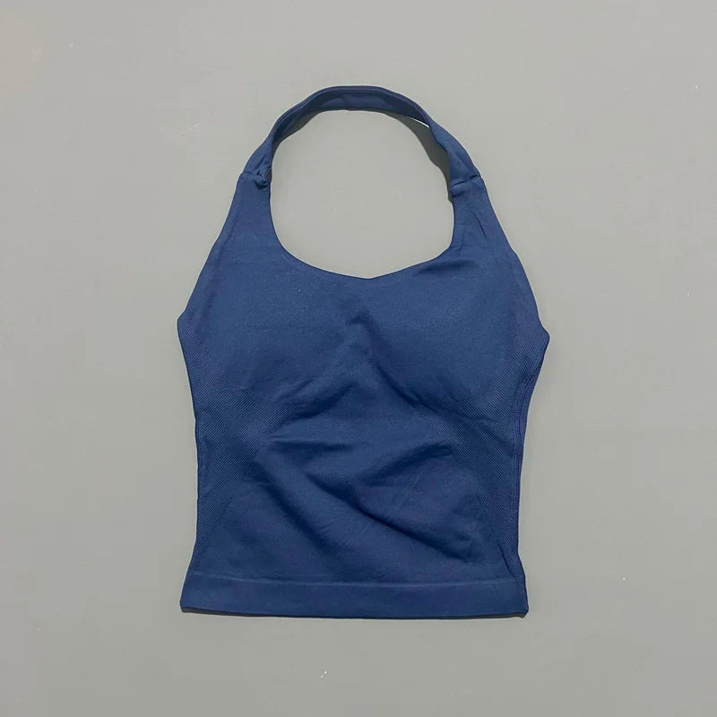 HISTELLO Impacts Halter Top Seamless Longline Strappy Gym Top Women Built-in Bra Removable Cups Activewear Yoga Tank Tops