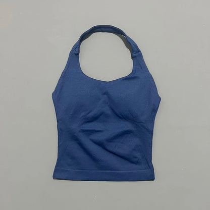 HISTELLO Impacts Halter Top Seamless Longline Strappy Gym Top Women Built-in Bra Removable Cups Activewear Yoga Tank Tops