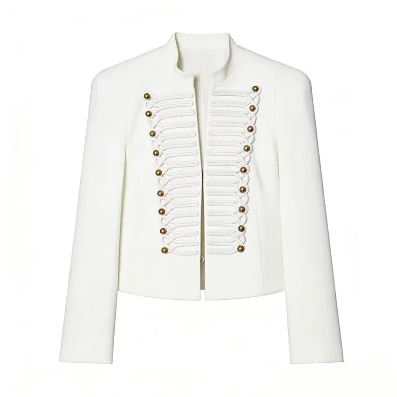 Elegant Women's Cropped Black Napoleon Jacket Shoulder Pads Stand Collar Full Sleeve Jackets 2026 Spring Lady Chic Commute Coat