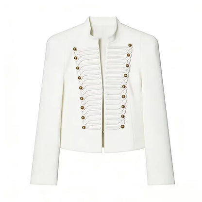 Elegant Women's Cropped Black Napoleon Jacket Shoulder Pads Stand Collar Full Sleeve Jackets 2026 Spring Lady Chic Commute Coat