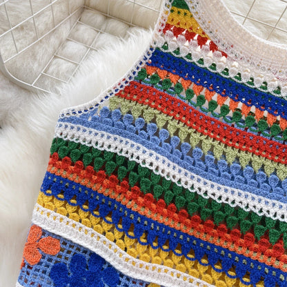 Bohemian Tank Tops Women Knitted Retro Crochet Design Colorful Short Vacation Strap Vest 2024 New Neck Hanging Outwear Tanks
