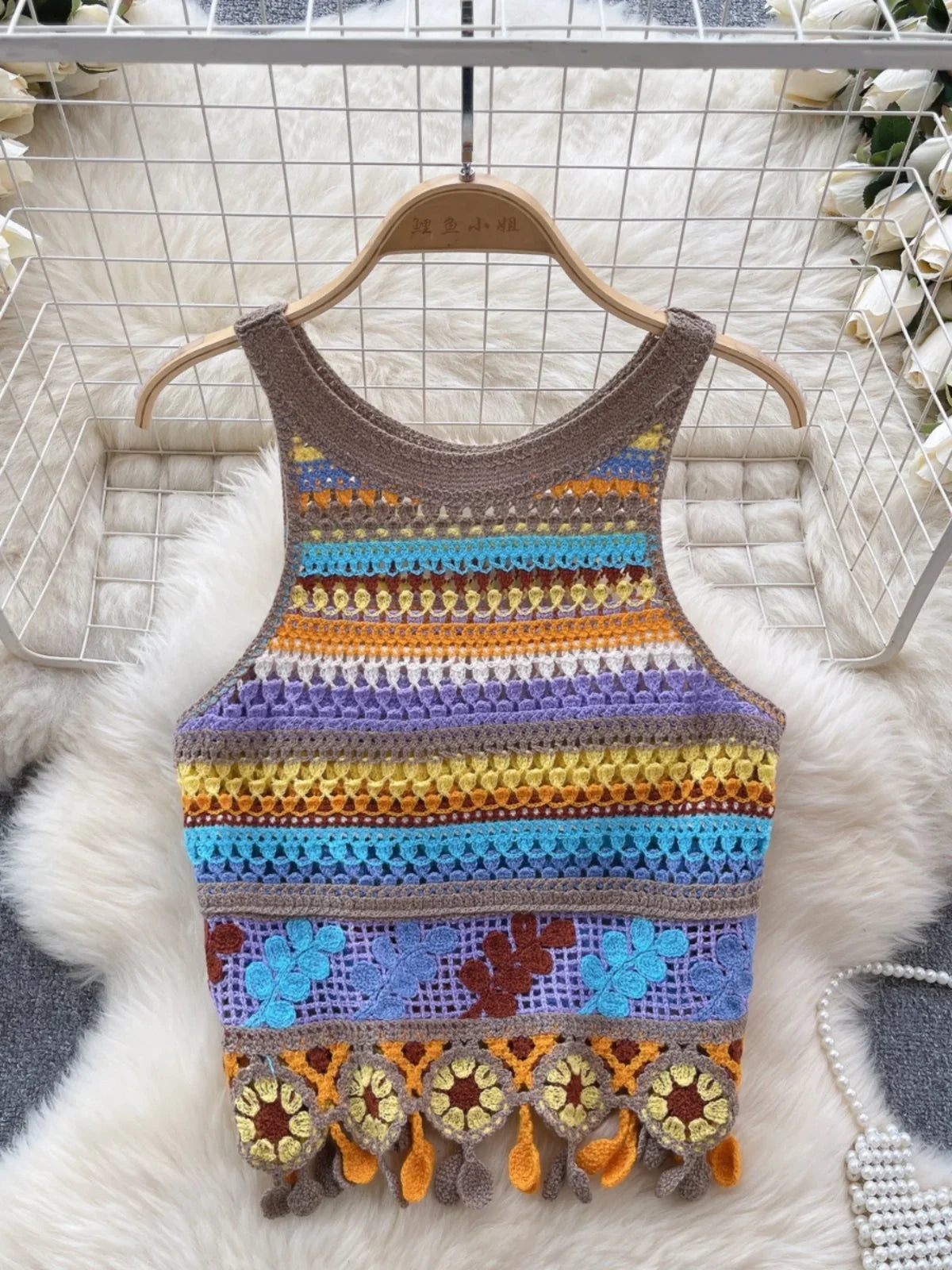 Bohemian Tank Tops Women Knitted Retro Crochet Design Colorful Short Vacation Strap Vest 2024 New Neck Hanging Outwear Tanks