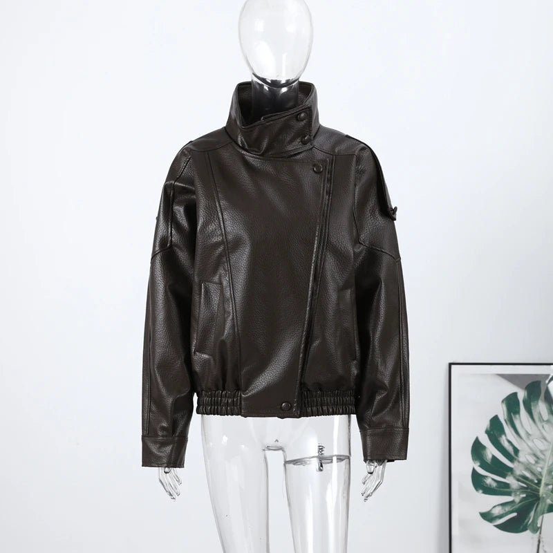 2026 Spring Women's Faux Leather Jacket Brown Black Long Sleeve Stand Collar Thick Loose Lady Coat Fashion Motorcycle Streetwear