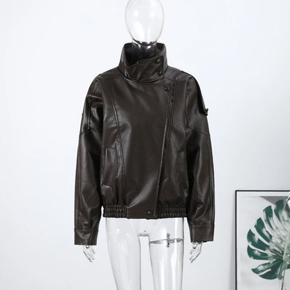 2026 Spring Women's Faux Leather Jacket Brown Black Long Sleeve Stand Collar Thick Loose Lady Coat Fashion Motorcycle Streetwear