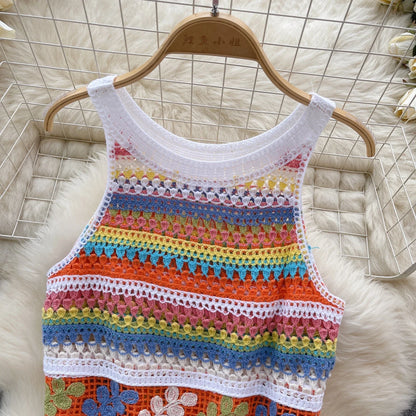 Bohemian Tank Tops Women Knitted Retro Crochet Design Colorful Short Vacation Strap Vest 2024 New Neck Hanging Outwear Tanks