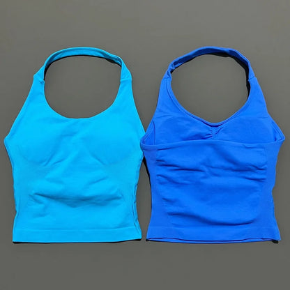 HISTELLO Impacts Halter Top Seamless Longline Strappy Gym Top Women Built-in Bra Removable Cups Activewear Yoga Tank Tops