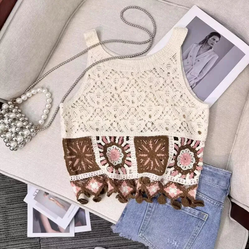 Bohemian Tank Tops Women Knitted Retro Crochet Design Colorful Short Vacation Strap Vest 2024 New Neck Hanging Outwear Tanks