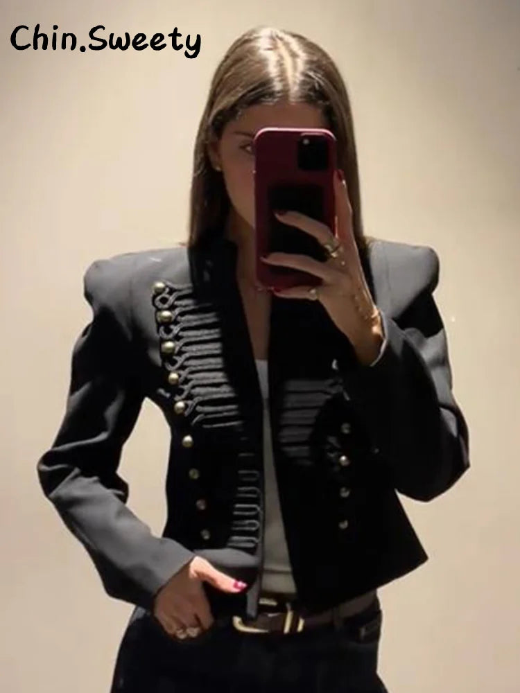 Elegant Women's Cropped Black Napoleon Jacket Shoulder Pads Stand Collar Full Sleeve Jackets 2026 Spring Lady Chic Commute Coat