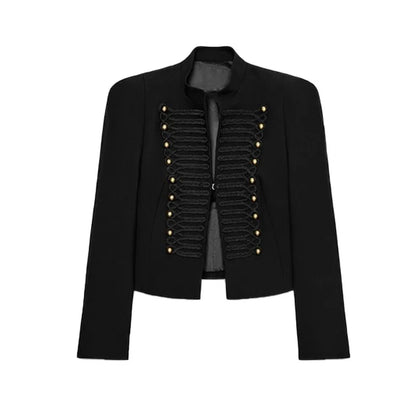 Elegant Women's Cropped Black Napoleon Jacket Shoulder Pads Stand Collar Full Sleeve Jackets 2026 Spring Lady Chic Commute Coat