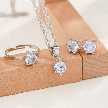 5Pcs Elegant Crystal Jewelry Set Zirconia Ring Necklace Bracelet Earrings Simple Set Jewelry Fashion Versatile Trendy Jewelry