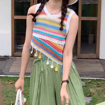 Bohemian Tank Tops Women Knitted Retro Crochet Design Colorful Short Vacation Strap Vest 2024 New Neck Hanging Outwear Tanks