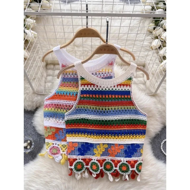 Bohemian Tank Tops Women Knitted Retro Crochet Design Colorful Short Vacation Strap Vest 2024 New Neck Hanging Outwear Tanks