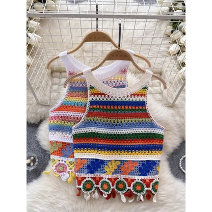 Bohemian Tank Tops Women Knitted Retro Crochet Design Colorful Short Vacation Strap Vest 2024 New Neck Hanging Outwear Tanks