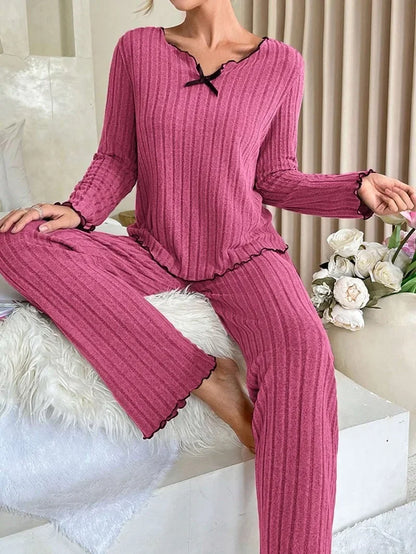 Flannel Warm Sleepwear Women Casual Pajamas Set Long Sleeve T-shirt Top and Trousers Set Homewear Autumn Winter Loungewear