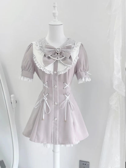 Japanese Y2 Aesthetics Vintage Bow Dress Shorts Set Women Gothic Lolita Style Long Sleeve Shirt Dress Elegant Party Dress Suits
