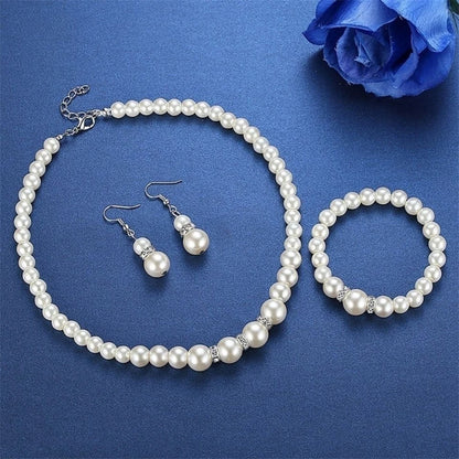 Pearl jewelry set Women's necklace earrings bracelet three-piece set for mother gift beautiful wedding photo accessories