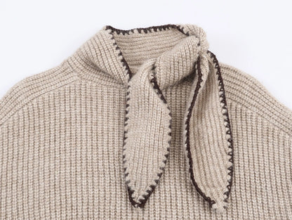 2025 Winter New Sweet and Fashionable Stand up Collar Long Sleeve Bow Decoration Knitted Sweater for Women