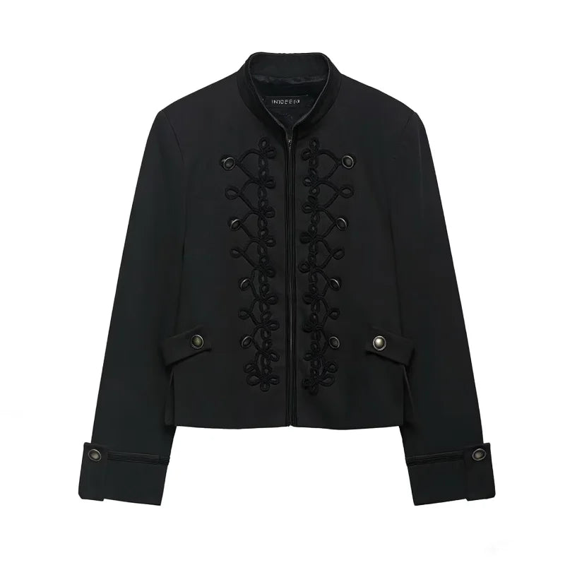 Elegant Women's Cropped Black Napoleon Jacket Shoulder Pads Stand Collar Full Sleeve Jackets 2026 Spring Lady Chic Commute Coat