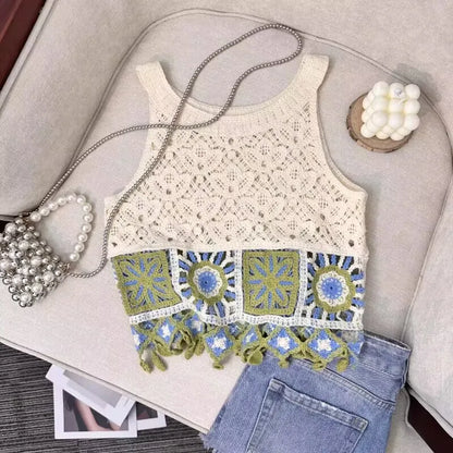 Bohemian Tank Tops Women Knitted Retro Crochet Design Colorful Short Vacation Strap Vest 2024 New Neck Hanging Outwear Tanks