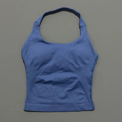 HISTELLO Impacts Halter Top Seamless Longline Strappy Gym Top Women Built-in Bra Removable Cups Activewear Yoga Tank Tops
