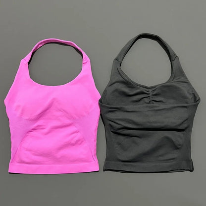 HISTELLO Impacts Halter Top Seamless Longline Strappy Gym Top Women Built-in Bra Removable Cups Activewear Yoga Tank Tops