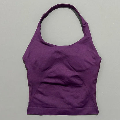 HISTELLO Impacts Halter Top Seamless Longline Strappy Gym Top Women Built-in Bra Removable Cups Activewear Yoga Tank Tops